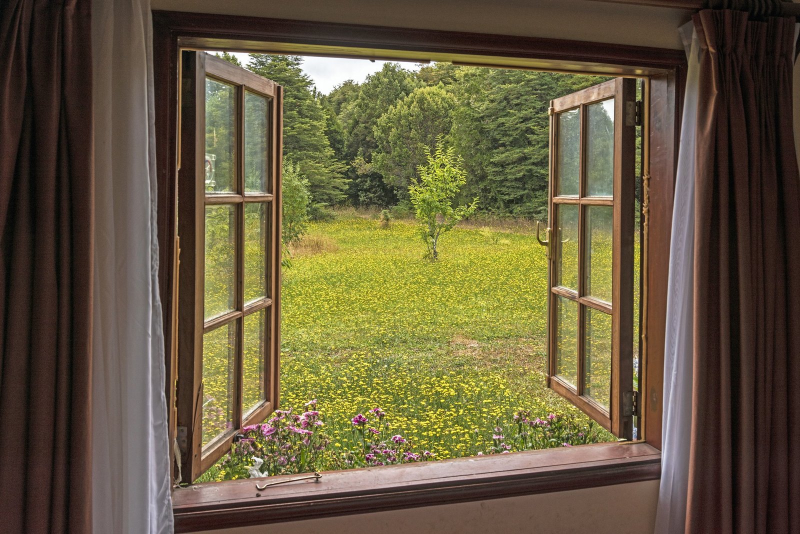 Geöffnetes Fenster im Schlafzimmer am Morgen